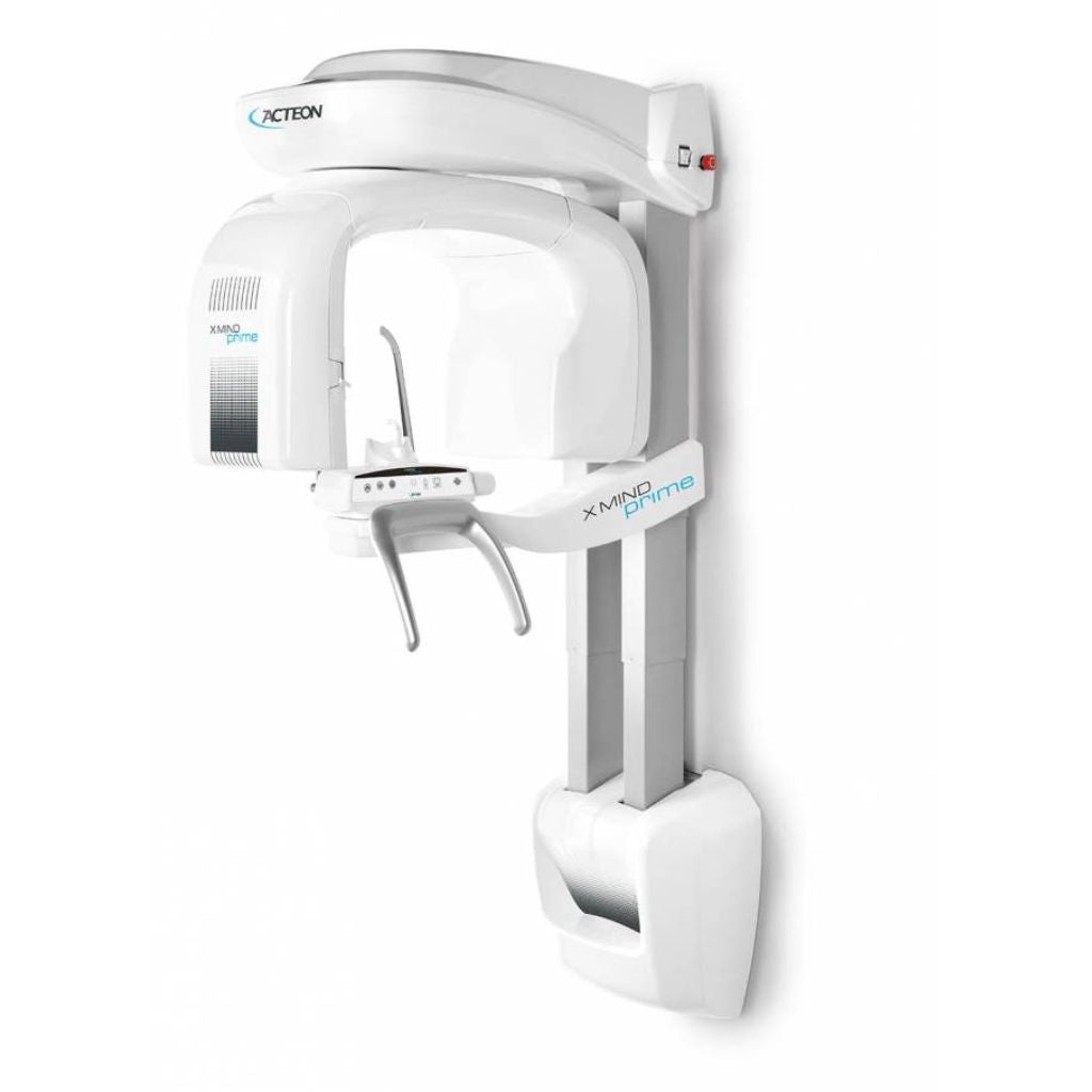 A photo of the Acteon X Mind Prime digital dental x-ray with a white finish and black and blue text that reads X Mind Prime