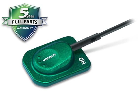 A photo of the green VaTech HD Sensor and its 5 year warranty badge